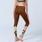 Buddha Stones Brown White Lotus Flower Print Gym Leggings Women's Yoga Pants - image 5