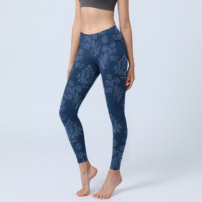 Buddha Stones Blue Floral Leaf Print Gym Leggings Women's Yoga Pants - SteelBlue - US18，UK/AU22，EU50 (4XL) - image 1