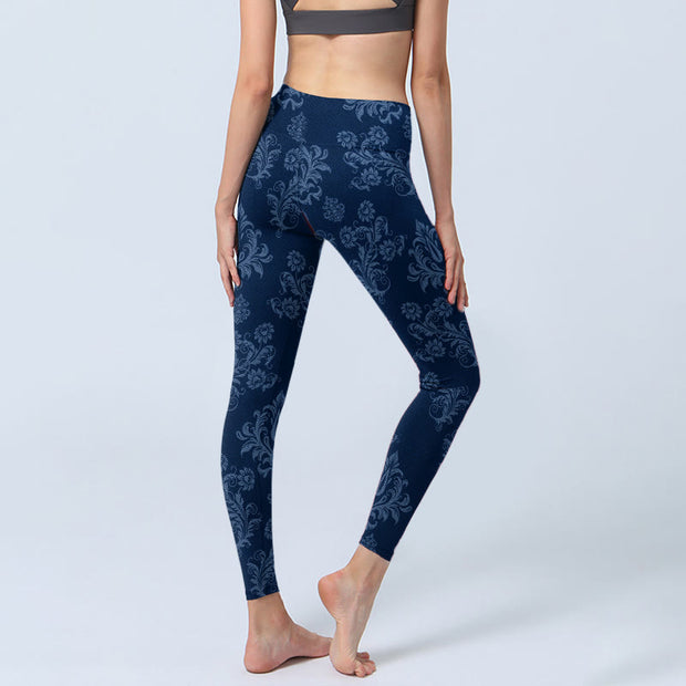 Buddha Stones Blue Floral Leaf Print Gym Leggings Women's Yoga Pants - image 5