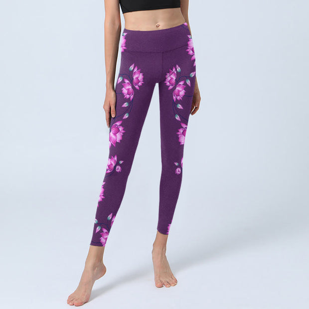 Buddha Stones Purple Pink Lotus Flower Print Gym Leggings Women's Yoga Pants - image 6