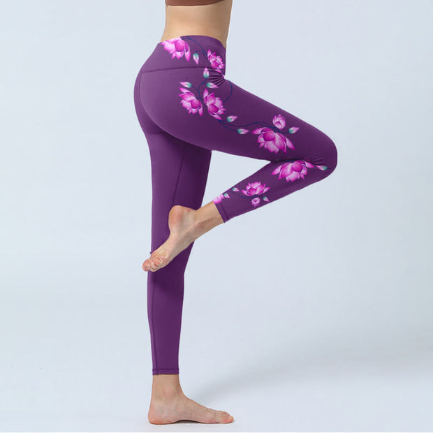 Buddha Stones Purple Pink Lotus Flower Print Gym Leggings Women's Yoga Pants - image 4