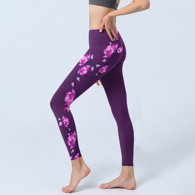Buddha Stones Purple Pink Lotus Flower Print Gym Leggings Women's Yoga Pants - image 3