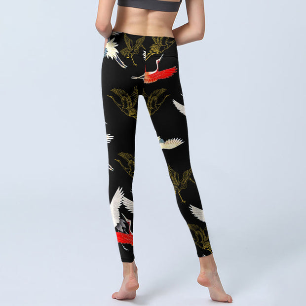 Buddha Stones White Red Gold Cranes Print Gym Leggings Women's Yoga Pants - image 7