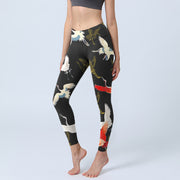 Buddha Stones White Red Gold Cranes Print Gym Leggings Women's Yoga Pants - Black - US18，UK/AU22，EU50 (4XL) - image 1