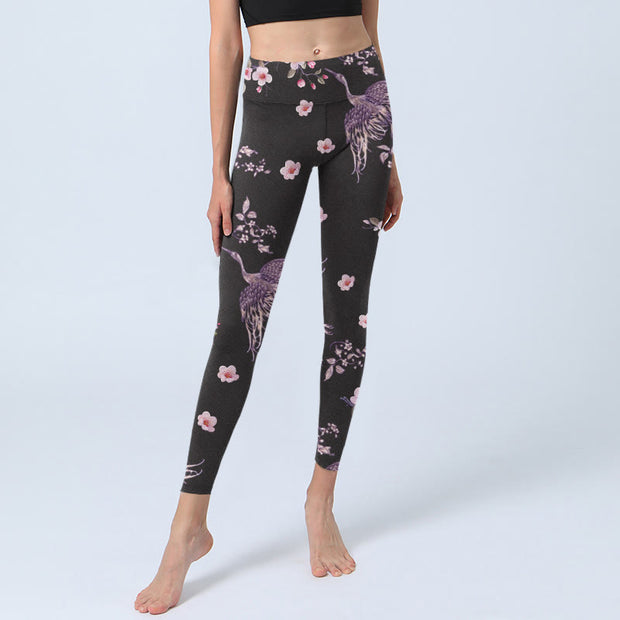 Buddha Stones Pink Flowers Flying Cranes Print Gym Leggings Women's Yoga Pants - image 6