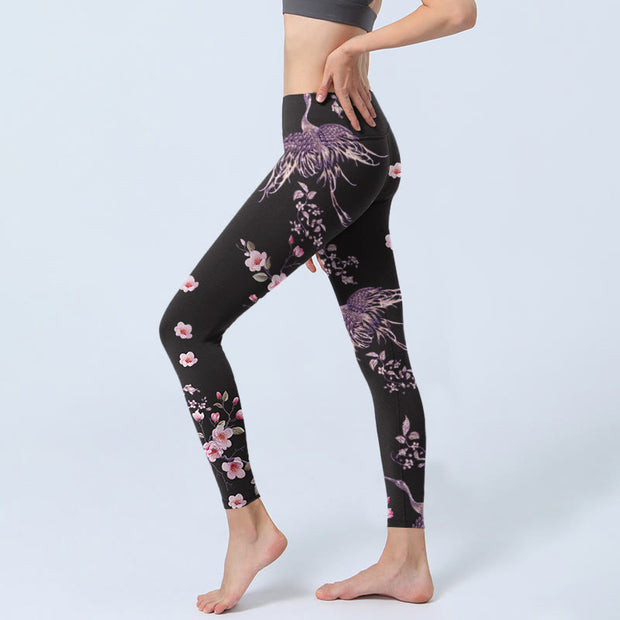 Buddha Stones Pink Flowers Flying Cranes Print Gym Leggings Women's Yoga Pants - image 3