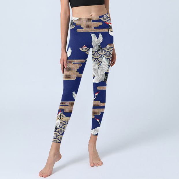 Buddha Stones Red-crowned Cranes Fan-shaped Auspicious Clouds Print Gym Leggings Women's Yoga Pants - image 6