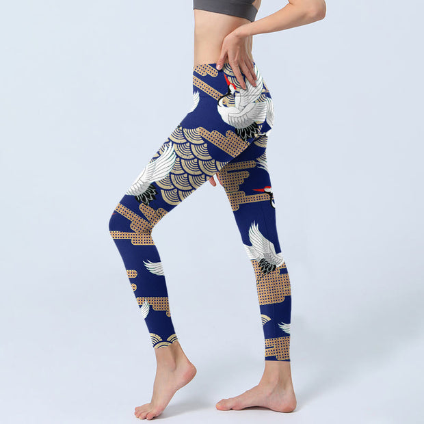 Buddha Stones Red-crowned Cranes Fan-shaped Auspicious Clouds Print Gym Leggings Women's Yoga Pants - image 3