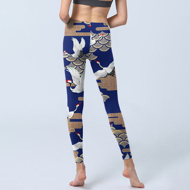 Buddha Stones Red-crowned Cranes Fan-shaped Auspicious Clouds Print Gym Leggings Women's Yoga Pants - image 7