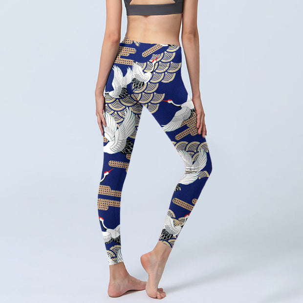 Buddha Stones Red-crowned Cranes Fan-shaped Auspicious Clouds Print Gym Leggings Women's Yoga Pants - image 5