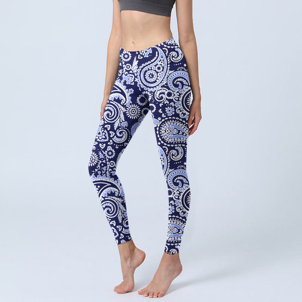 Buddha Stones Purple Blue Cashew Flower Print Gym Leggings Women's Yoga Pants - MediumSlateBlue - US18，UK/AU22，EU50 (4XL) - image 1