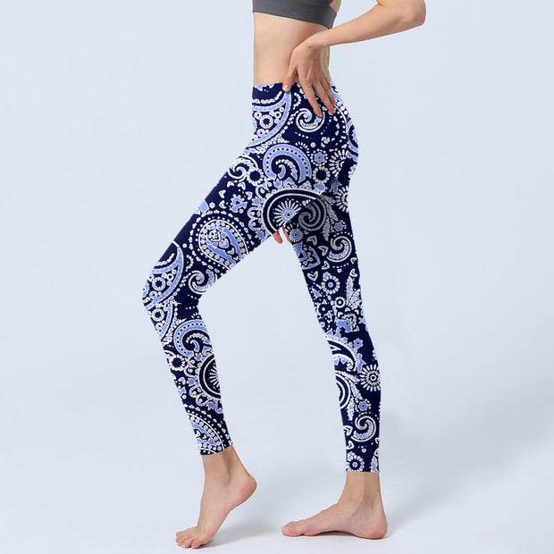 Buddha Stones Purple Blue Cashew Flower Print Gym Leggings Women's Yoga Pants - image 3