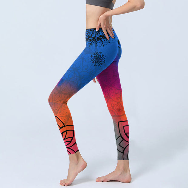 Buddha Stones Rose Red Blue Mandala Flower Print Gym Leggings Women's Yoga Pants - image 3