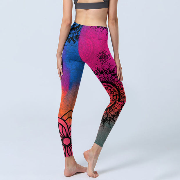 Buddha Stones Rose Red Blue Mandala Flower Print Gym Leggings Women's Yoga Pants - image 5