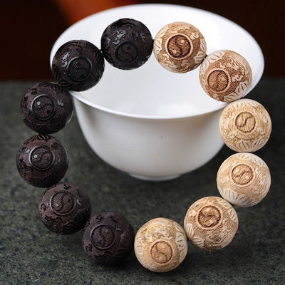Buddha Stones Ebony Wood Camphor Wood Yin Yang Ox Engraved Peace Bracelet - Ebony Wood(Wrist Circumference 14-17cm) - image 1