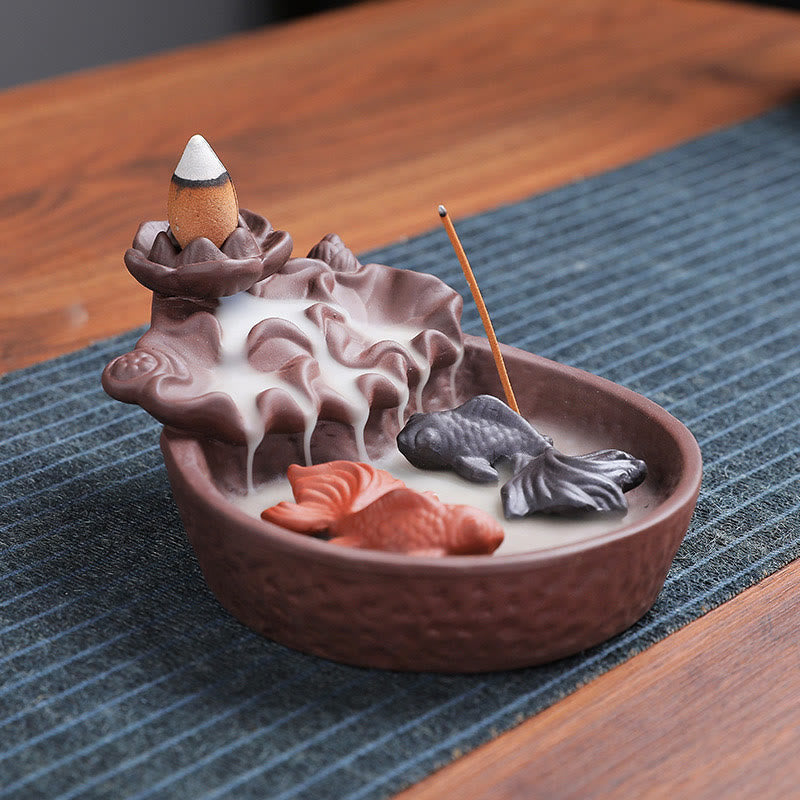 Buddha Stones Koi Fish Ox Purple Clay Ceramic Incense Stick Holder