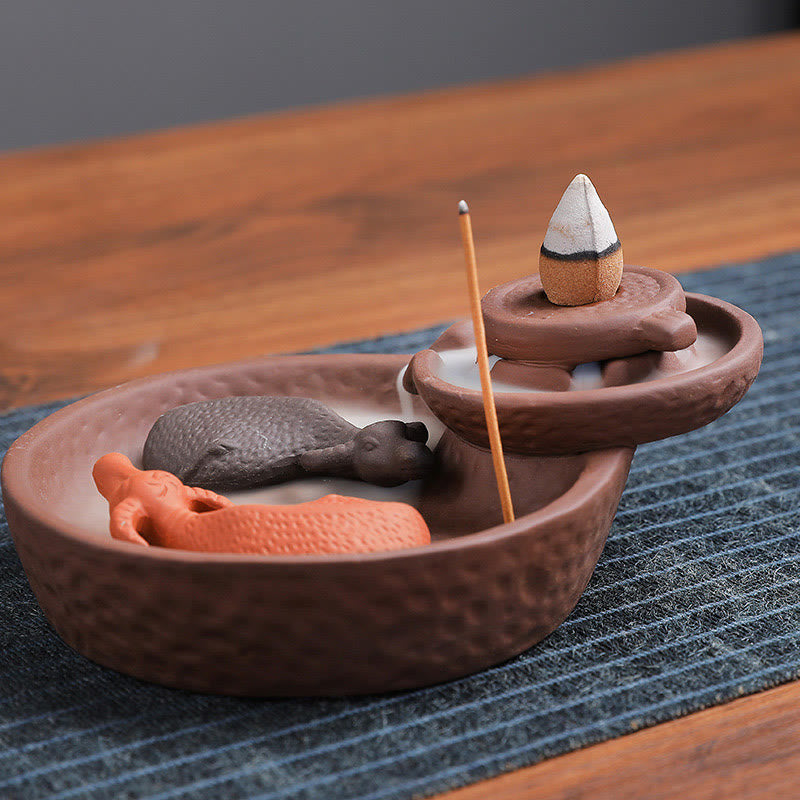 Buddha Stones Koi Fish Ox Purple Clay Ceramic Incense Stick Holder