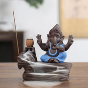 Buddha Stones Ganesh Elephant Purple Clay Backflow Smoke Fountain Protection Stick Incense Burner - Blue 10.1*11cm - image 1