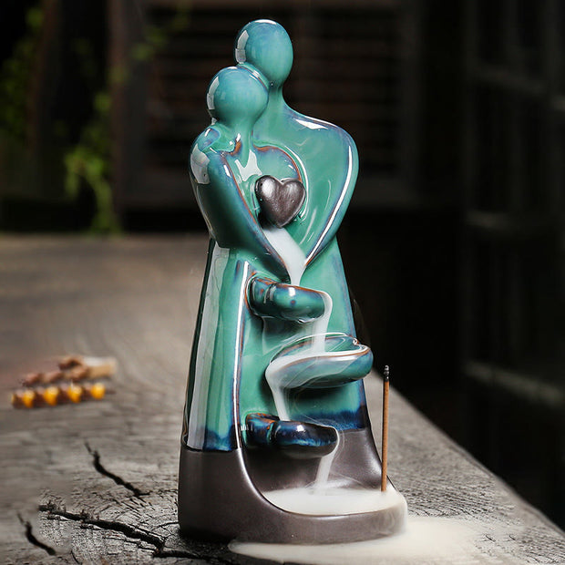 Buddha Stones Lovers Couple Embrace Love Ceramic Backflow Smoke Fountain Healing Incense Burner Decoration - image 2