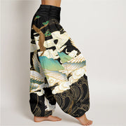 Buddha Stones Flying Cranes Auspicious Clouds Tree women's Elastic Waist Harem Pants