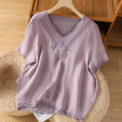 Buddha Stones Summer Casual Embroidered Plant Women's V-neck Design Half Sleeve Cotton Linen T-shirt - Plum - US14，UK/AU18，EU46 (2XL) - image 1