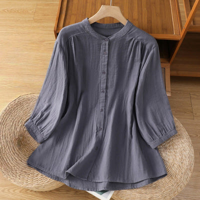 Buddha Stones Plain Single Breasted Button Cotton Blend Three Quarter Sleeve Women's Stand Collar Shirt