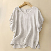 Buddha Stones Casual Embroidered Plant Leaves Women's V-neck Design Half Sleeve Cotton Linen T-shirt