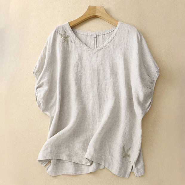 Buddha Stones Casual Embroidered Plant Leaves Women's V-neck Design Half Sleeve Cotton Linen T-shirt