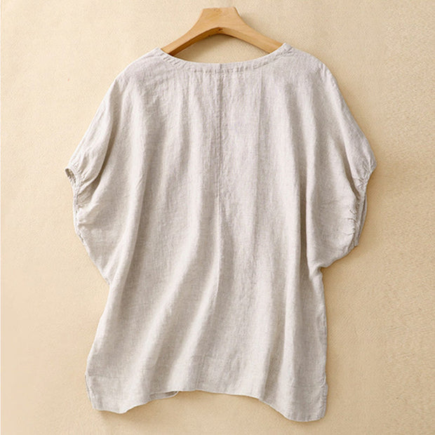 Buddha Stones Casual Embroidered Plant Leaves Women's V-neck Design Half Sleeve Cotton Linen T-shirt