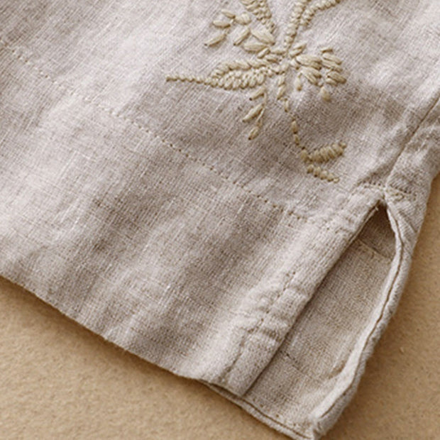 Buddha Stones Casual Embroidered Plant Leaves Women's V-neck Design Half Sleeve Cotton Linen T-shirt