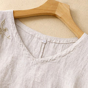 Buddha Stones Casual Embroidered Plant Leaves Women's V-neck Design Half Sleeve Cotton Linen T-shirt