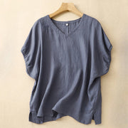 Buddha Stones Casual Embroidered Plant Leaves Women's V-neck Design Half Sleeve Cotton Linen T-shirt