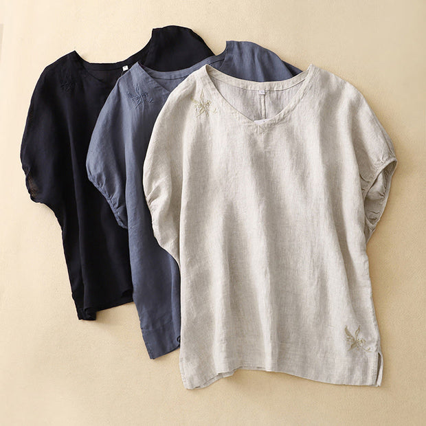 Buddha Stones Casual Embroidered Plant Leaves Women's V-neck Design Half Sleeve Cotton Linen T-shirt