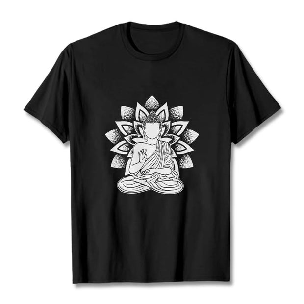 Buddha Stones Seated Buddha Lotus Flower Pattern Tee T-shirt - Black - 2XL - image 4
