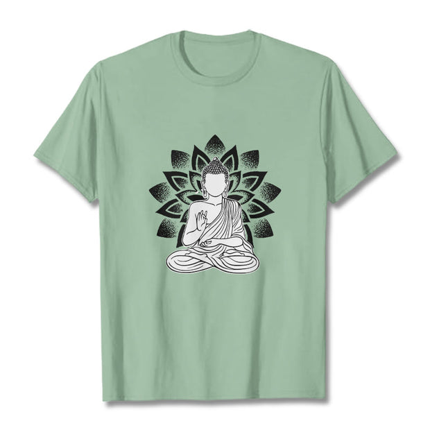 Buddha Stones Seated Buddha Lotus Flower Pattern Tee T-shirt - PaleGreen - 2XL - image 15