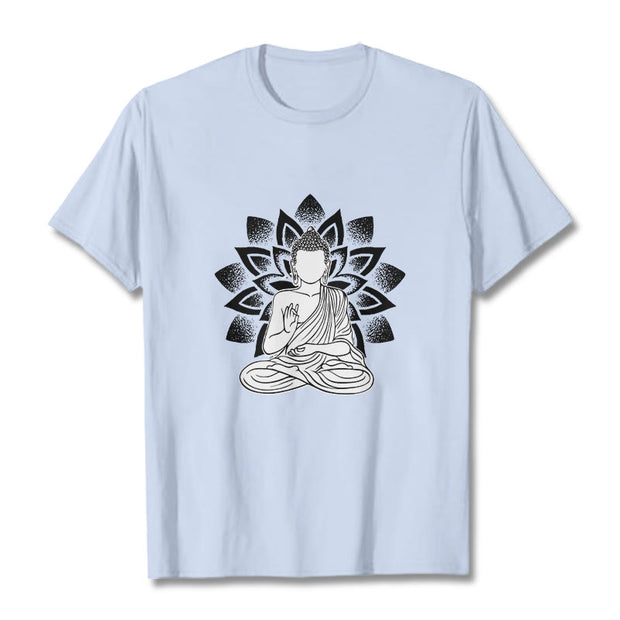 Buddha Stones Seated Buddha Lotus Flower Pattern Tee T-shirt - LightCyan - 2XL - image 19