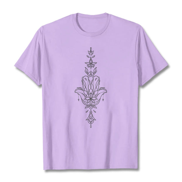 Buddha Stones Hamsa Hand Lotus Flower Pattern Tee T-shirt - Plum - 2XL - image 18
