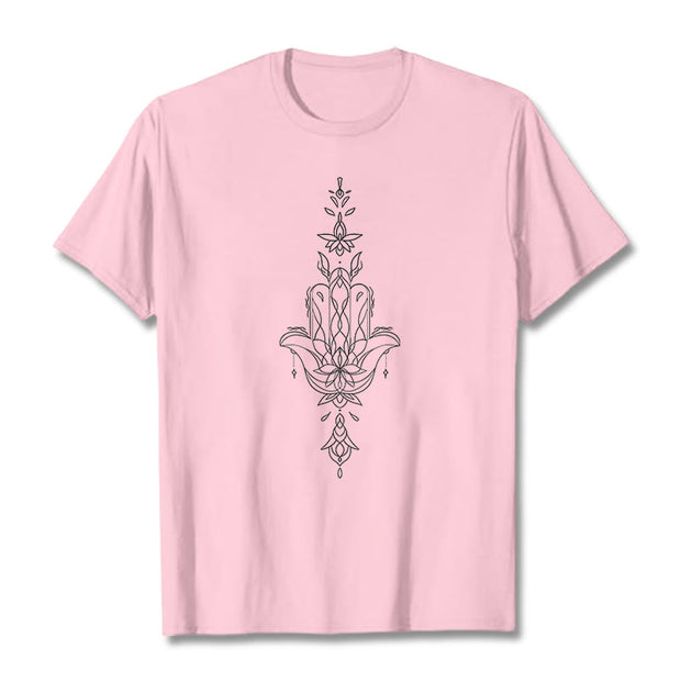 Buddha Stones Hamsa Hand Lotus Flower Pattern Tee T-shirt - LightPink - 2XL - image 14