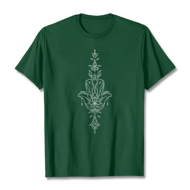 Buddha Stones Hamsa Hand Lotus Flower Pattern Tee T-shirt - ForestGreen - 2XL - image 12