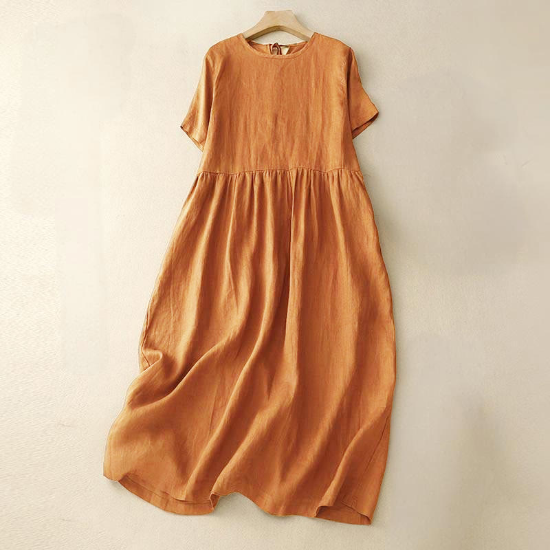 Buddha Stones Casual Short Sleeve Bowknot Tie Straps Women's Midi Dress with Pockets, Orange / US6,UK/AU10,EU38 (XL)