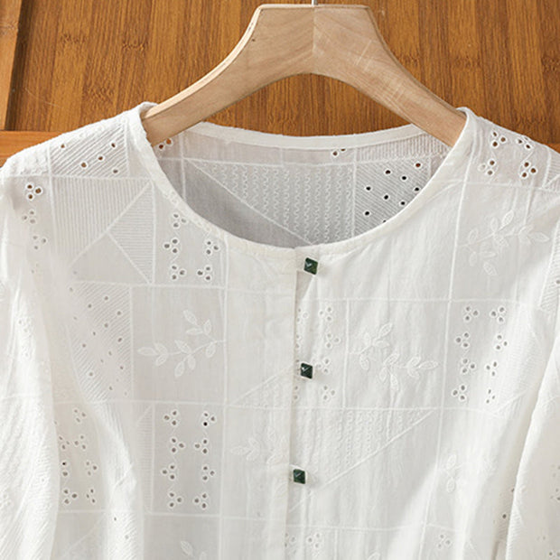 Buddha Stones Casual Embroidery Hollow Cotton Polyester Half Sleeve Women's Crew Neck Shirt - image 2