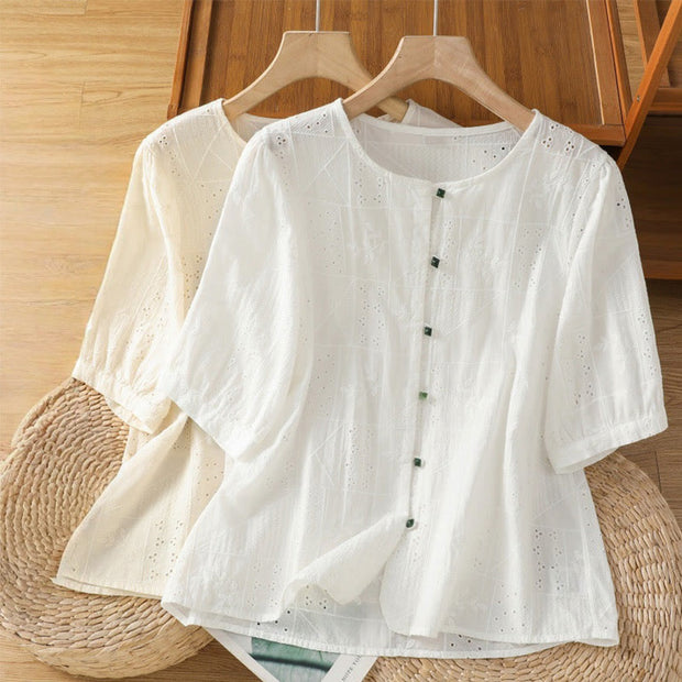 Buddha Stones Casual Embroidery Hollow Cotton Polyester Half Sleeve Women's Crew Neck Shirt - image 16