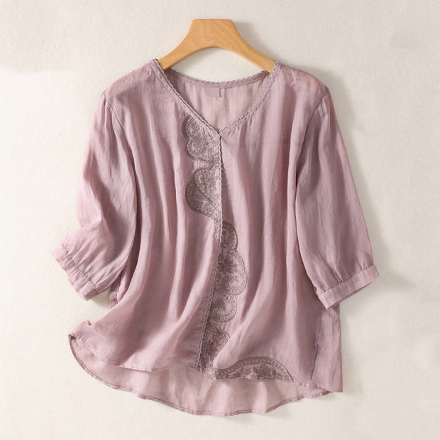 Buddha Stones Casual Embroidered Pattern Women's V-neck Design Half Sleeve Cotton Linen T-shirt - Plum - US14，UK/AU18，EU46 (2XL) - image 1