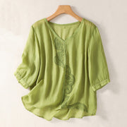 Buddha Stones Casual Embroidered Pattern Women's V-neck Design Half Sleeve Cotton Linen T-shirt - YellowGreen - US14，UK/AU18，EU46 (2XL) - image 14