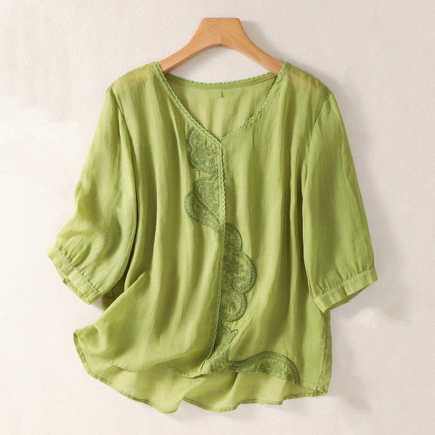 Buddha Stones Casual Embroidered Pattern Women's V-neck Design Half Sleeve Cotton Linen T-shirt - YellowGreen - US14，UK/AU18，EU46 (2XL) - image 14