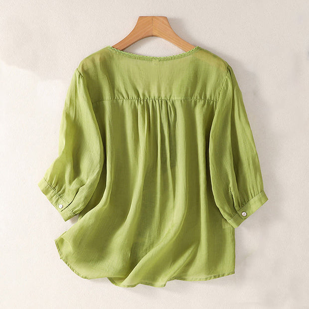 Buddha Stones Casual Embroidered Pattern Women's V-neck Design Half Sleeve Cotton Linen T-shirt - image 15