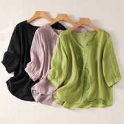 Buddha Stones Casual Embroidered Pattern Women's V-neck Design Half Sleeve Cotton Linen T-shirt - image 24
