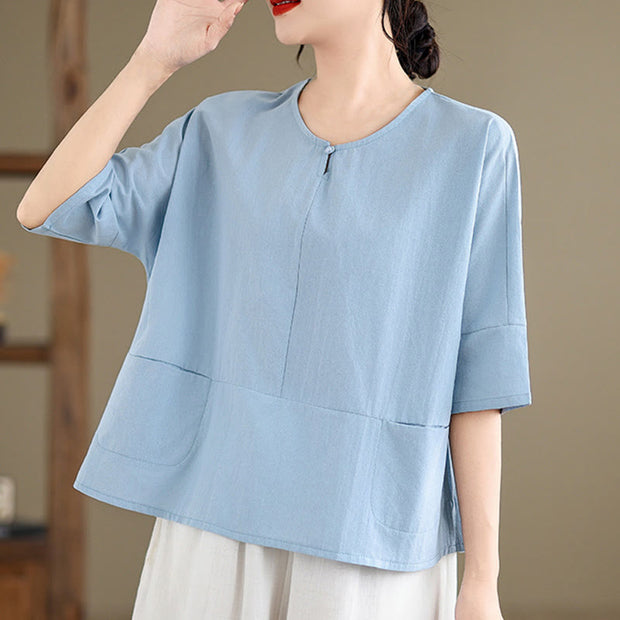 Buddha Stones Casual Plain Women's Half Sleeve Cotton Polyester T-shirt With Pockets - LightSkyBlue - US14，UK/AU18，EU46 (2XL) - image 1