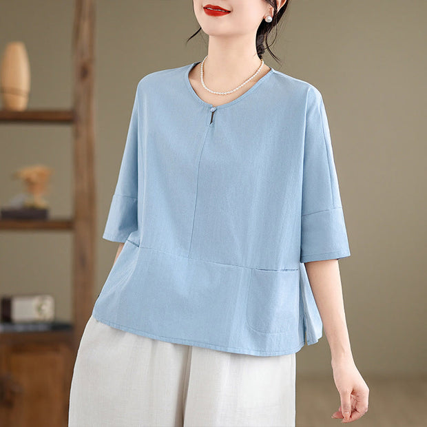 Buddha Stones Casual Plain Women's Half Sleeve Cotton Polyester T-shirt With Pockets - image 2