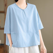 Buddha Stones Casual Plain Women's Half Sleeve Cotton Polyester T-shirt With Pockets - image 6